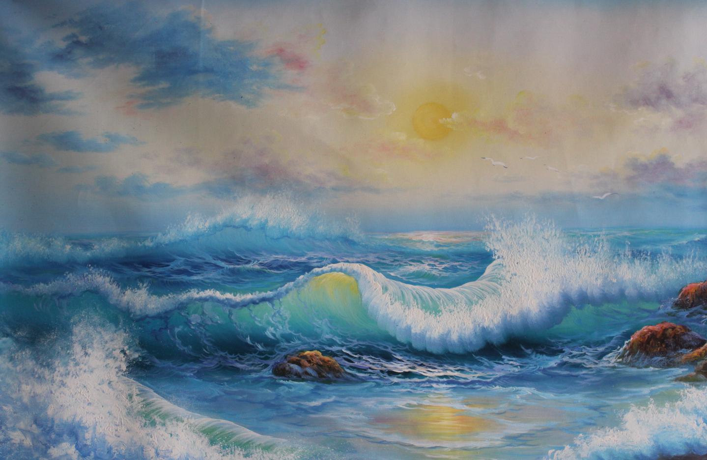 纯手绘油画大海120x60cm - 瓷器竹木石碑帖 - 园地拍卖