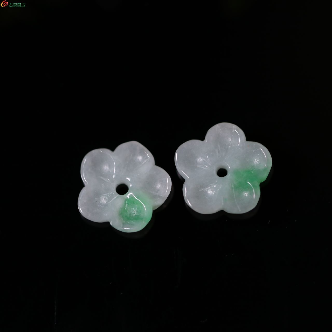 一对白底飘阳绿老翡翠梅花 镶嵌耳钉漂亮
