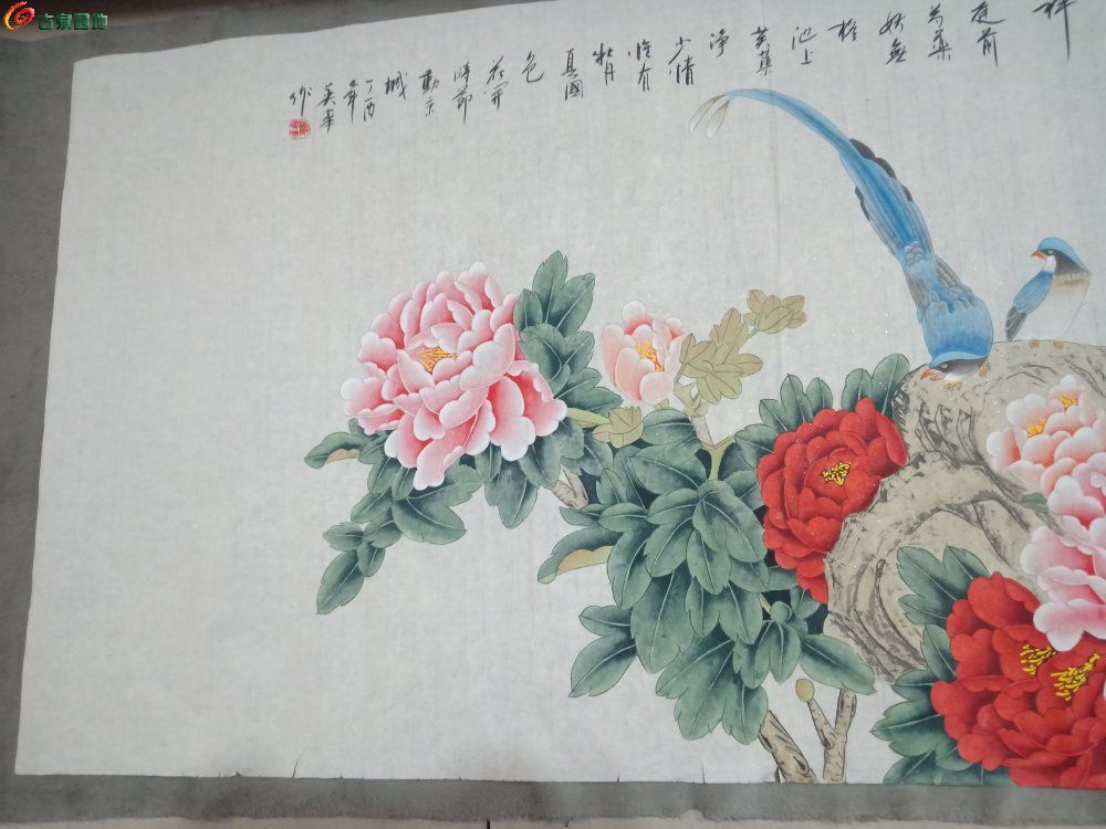 四尺纯手工绘画牡丹,锦上添花,富贵吉祥,工笔画,长132