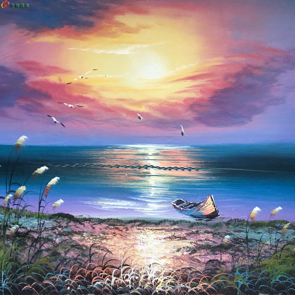 纯手绘风景油画—海边的日出