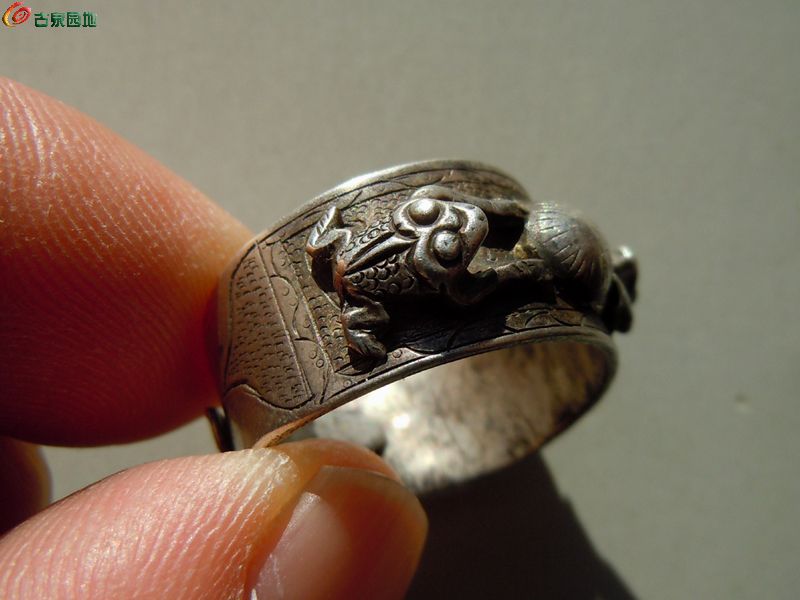 古代银戒指上带着青蛙图片
